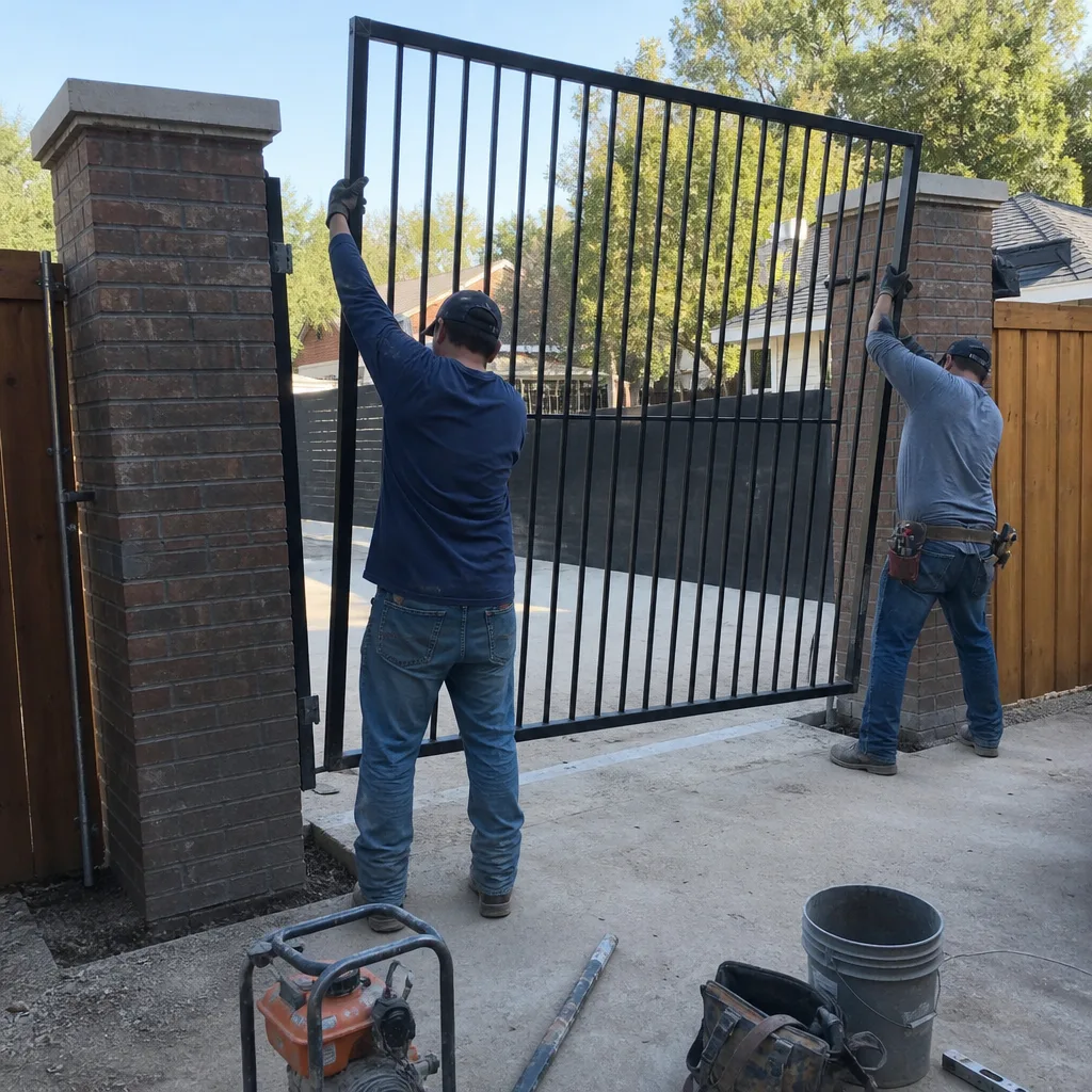 Two professional contractors installing a custom black metal driveway gate.