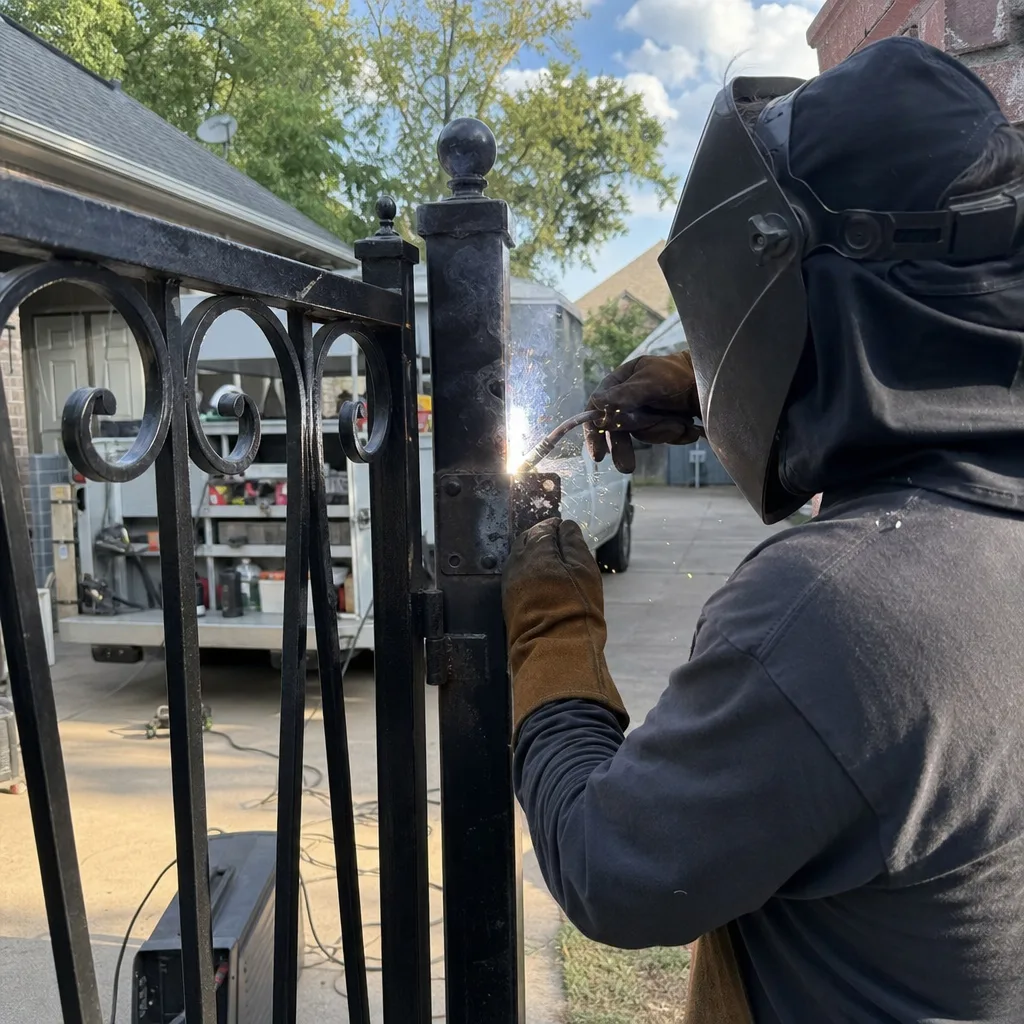 Professional welder performing iron gate repair and metal hinge installation